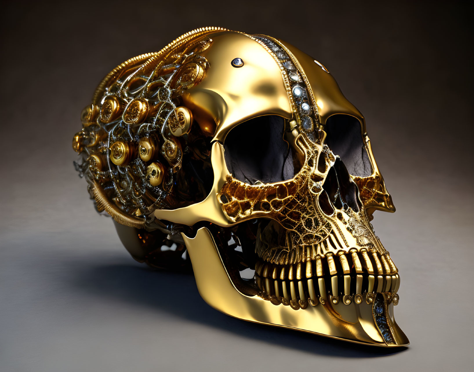 Detailed Golden Skull with Metalwork and Gems on Gradient Background