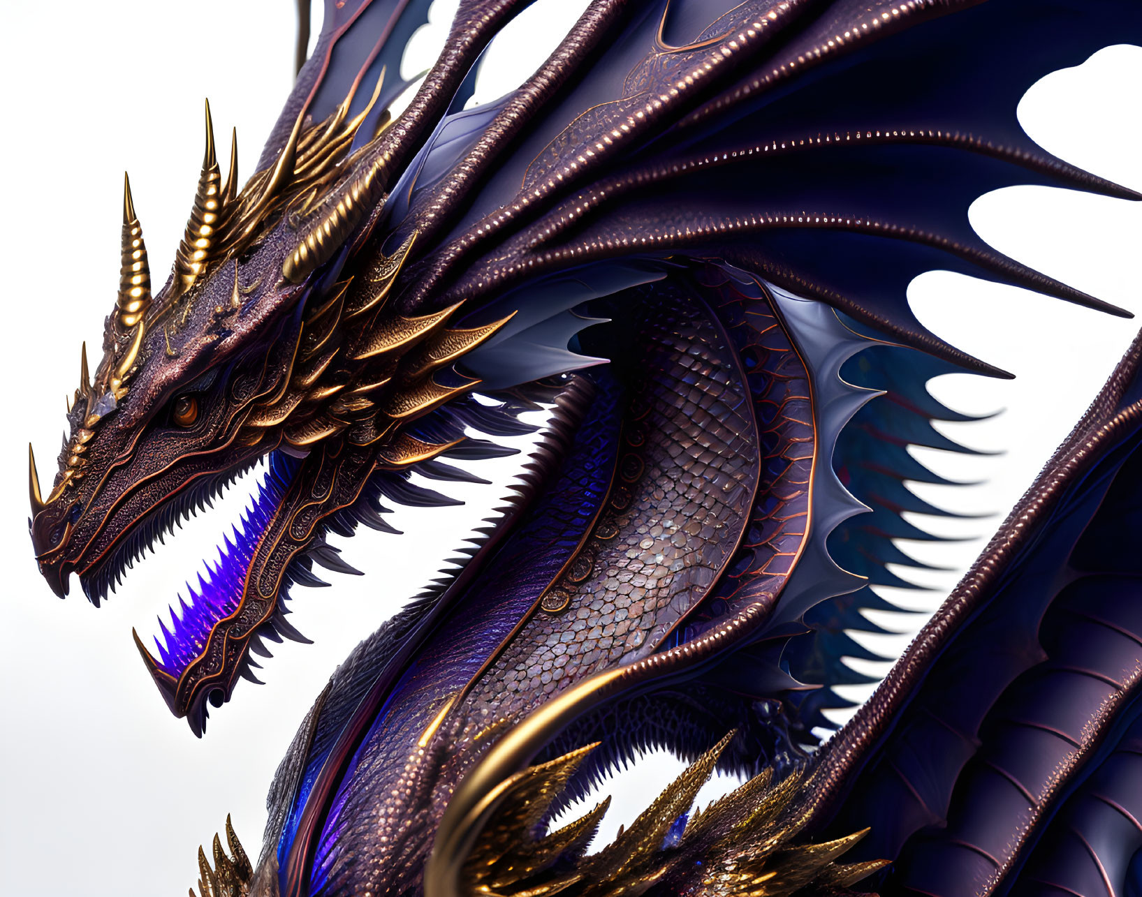 Detailed illustration of majestic metallic blue and gold dragon with intricate scales, sharp horns, and glowing purple accents