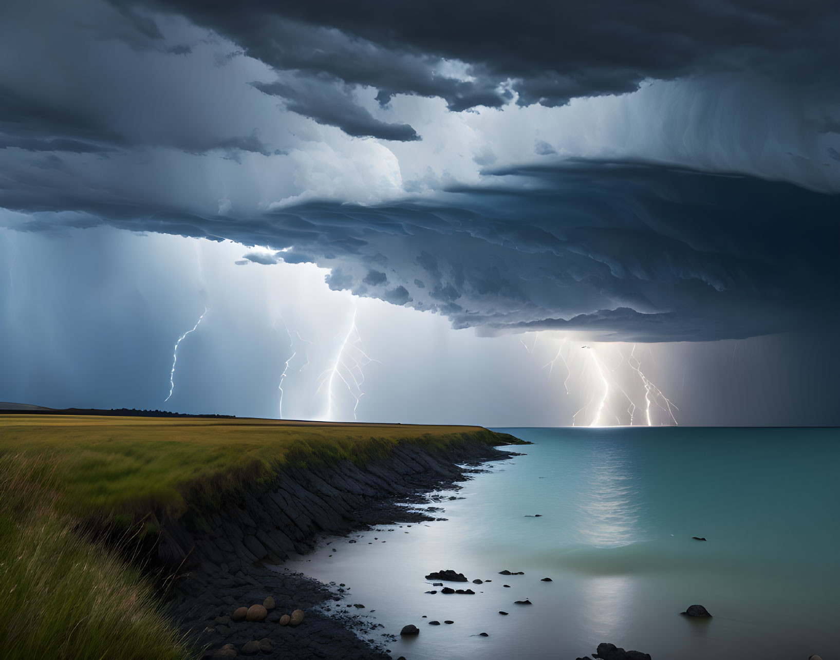 Intense Coastal Thunderstorm with Lightning Strikes