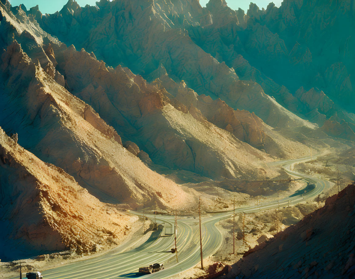 Sunlit Mountainous Landscape with Winding Roads and Vehicles