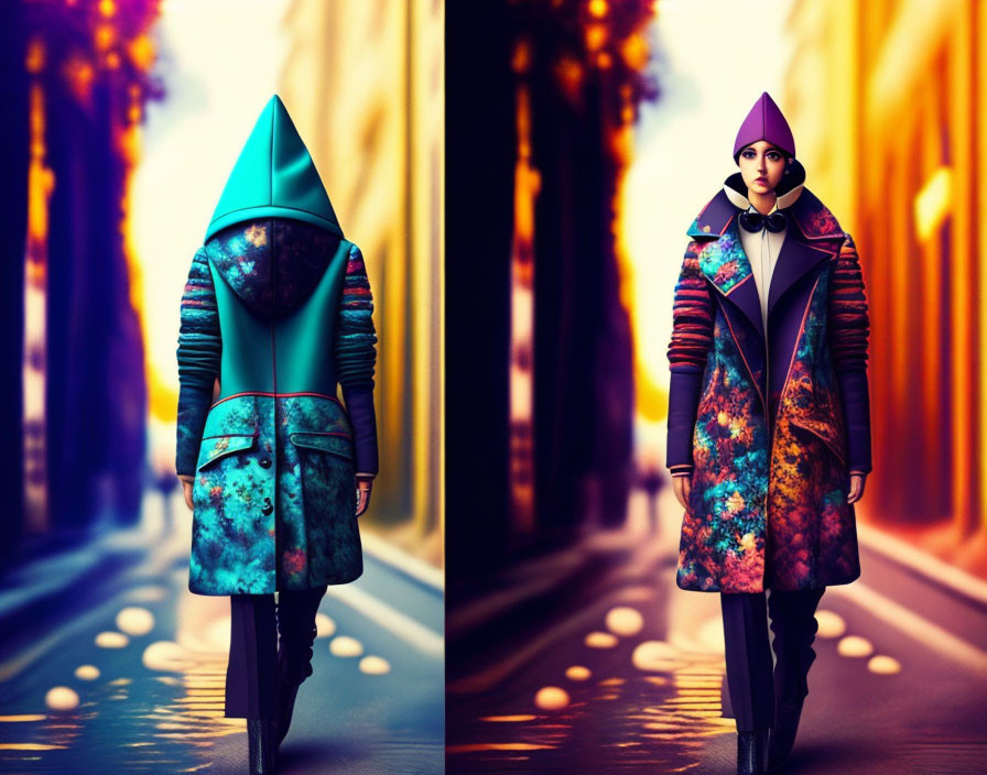 Colorful Galaxy-Print Coat and Geometric Hood in Vibrant Street