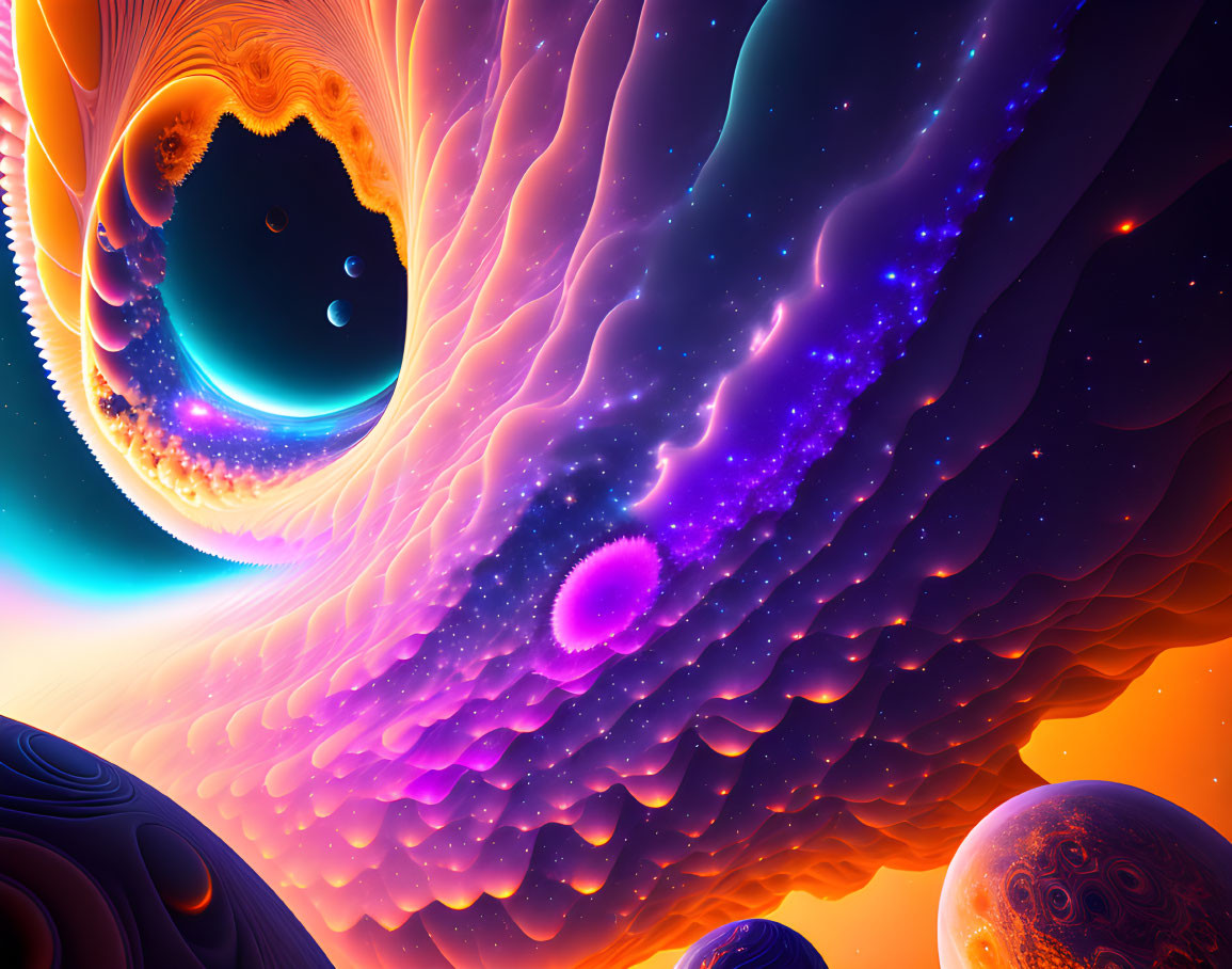 Colorful cosmic fractal art with swirling patterns and celestial orbs