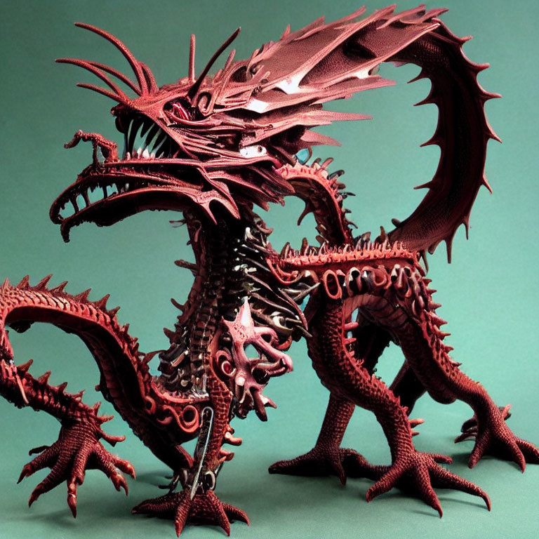 Intricate Red Paper Dragon Sculpture on Teal Background