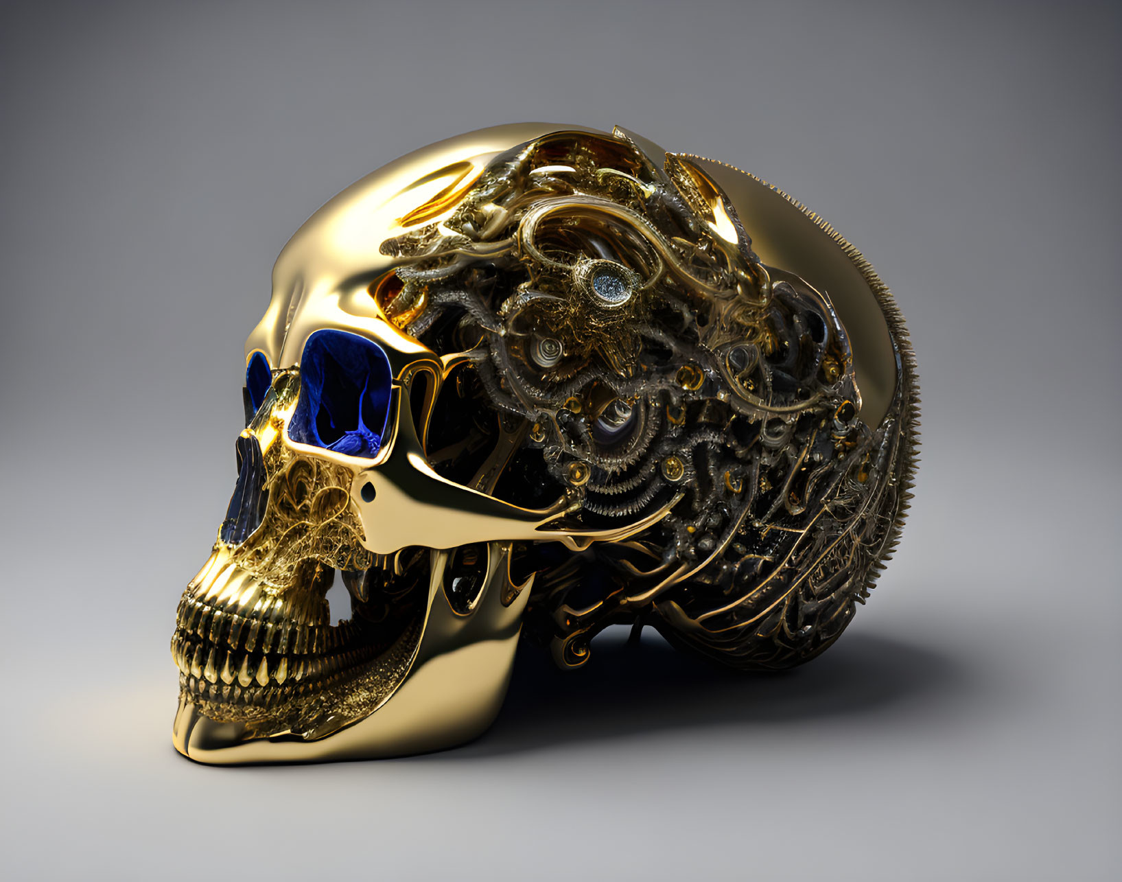 Intricate golden mechanical skull with visible gears on grey background