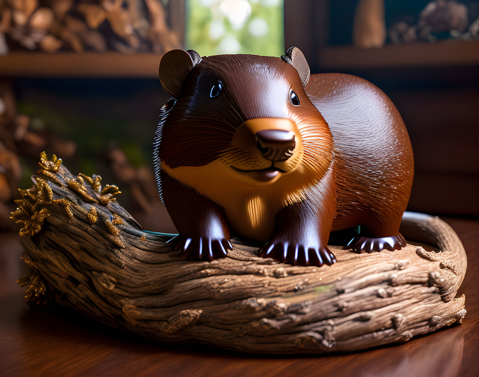 Stylized 3D beaver figurine on glossy wooden log