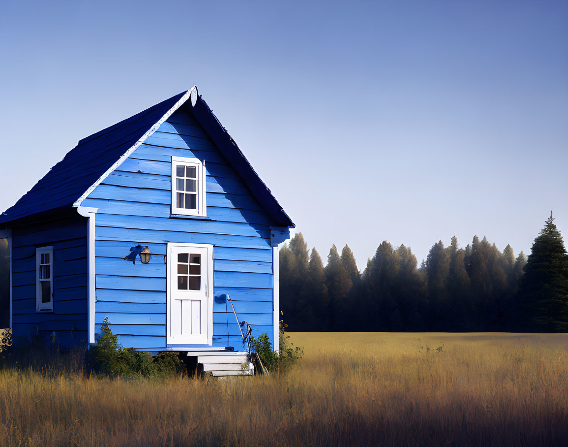 Blue Two-Story House in Golden Field with Dark Green Trees