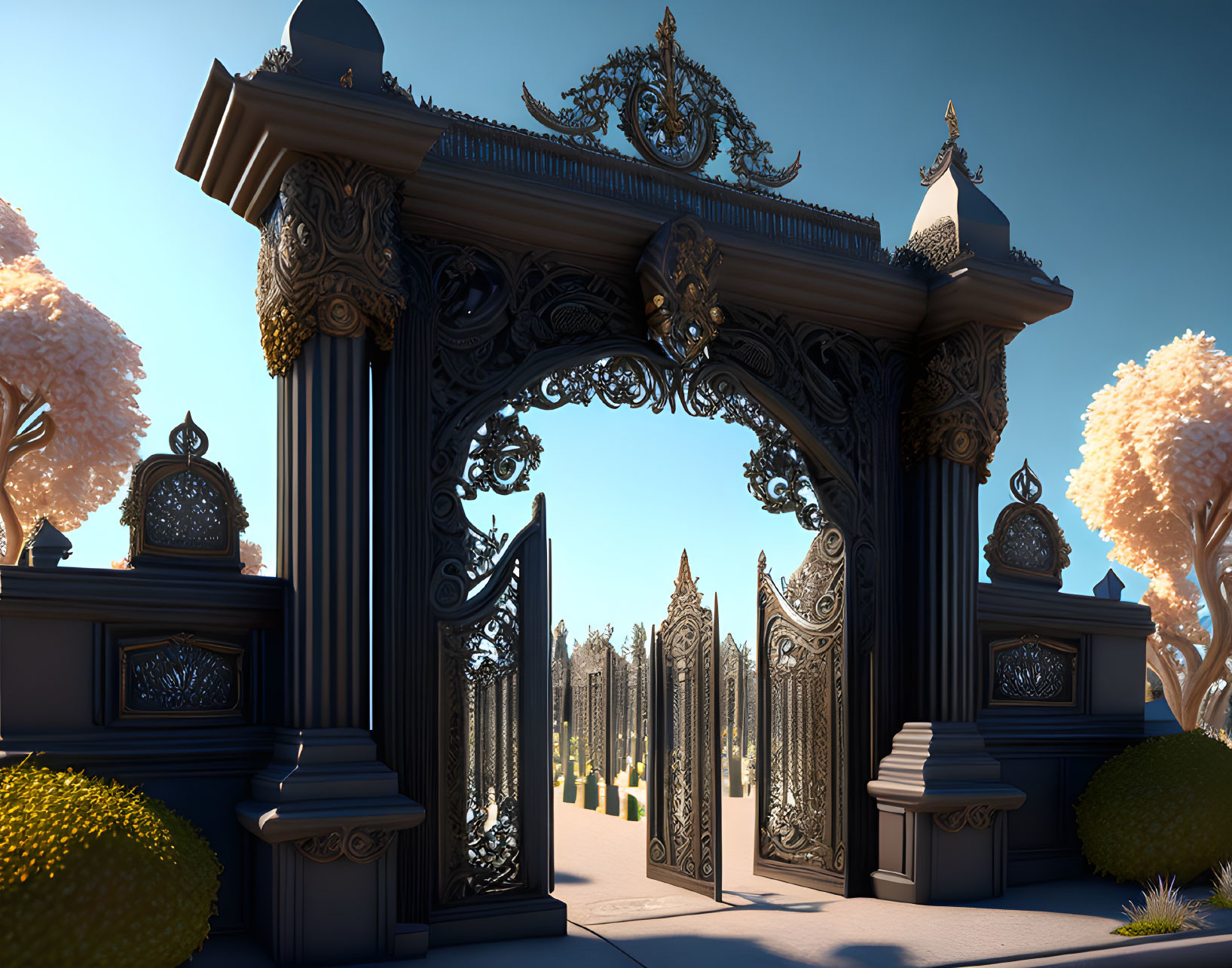 Elaborate ornate black gate with decorative pillars against blue sky and colorful foliage