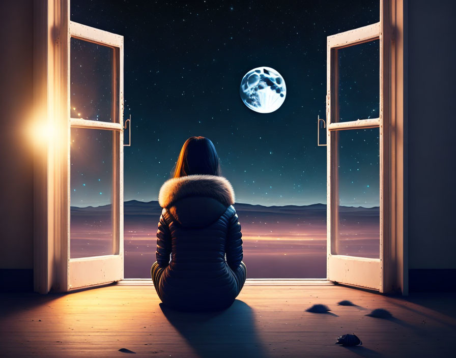 Person sitting indoors looking at large moon through open double doors