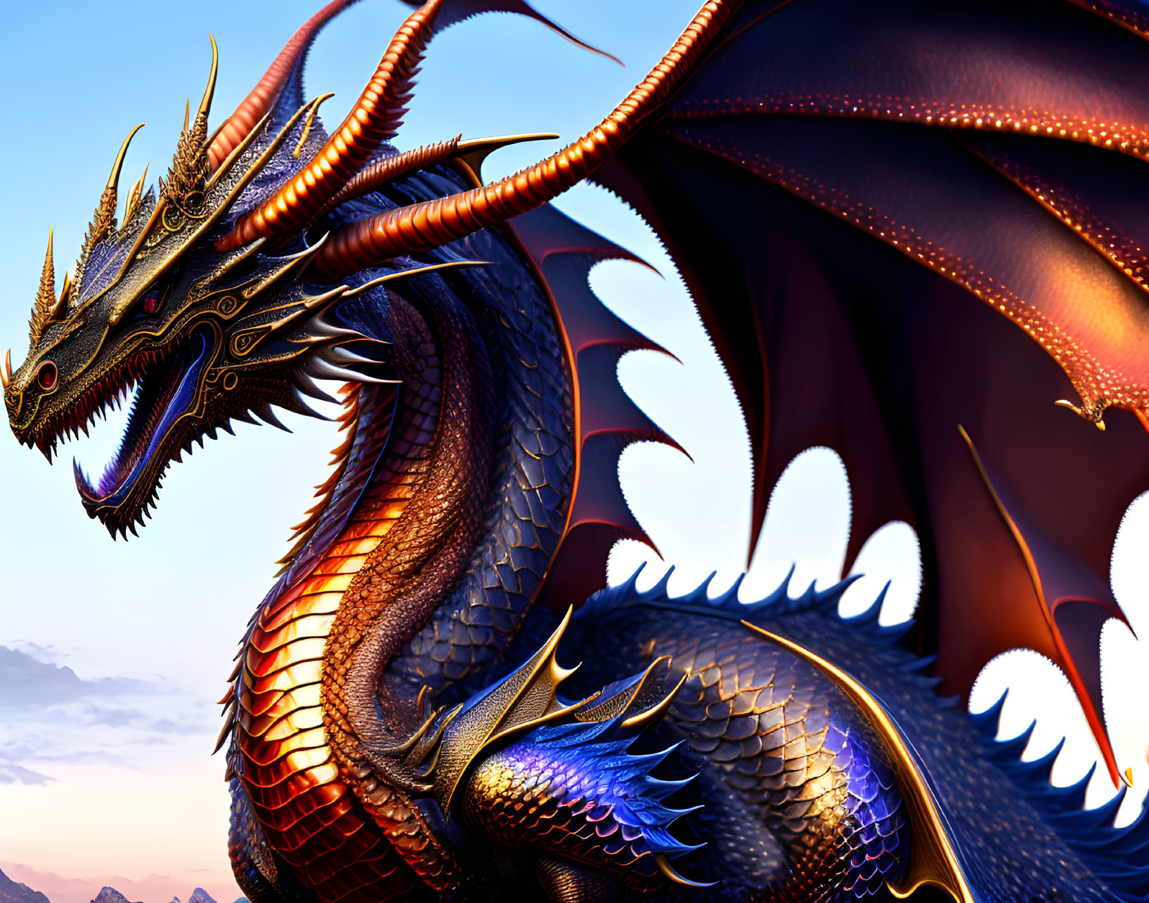 Majestic dragon with golden horns, blue and orange scales, and open wings in twilight sky