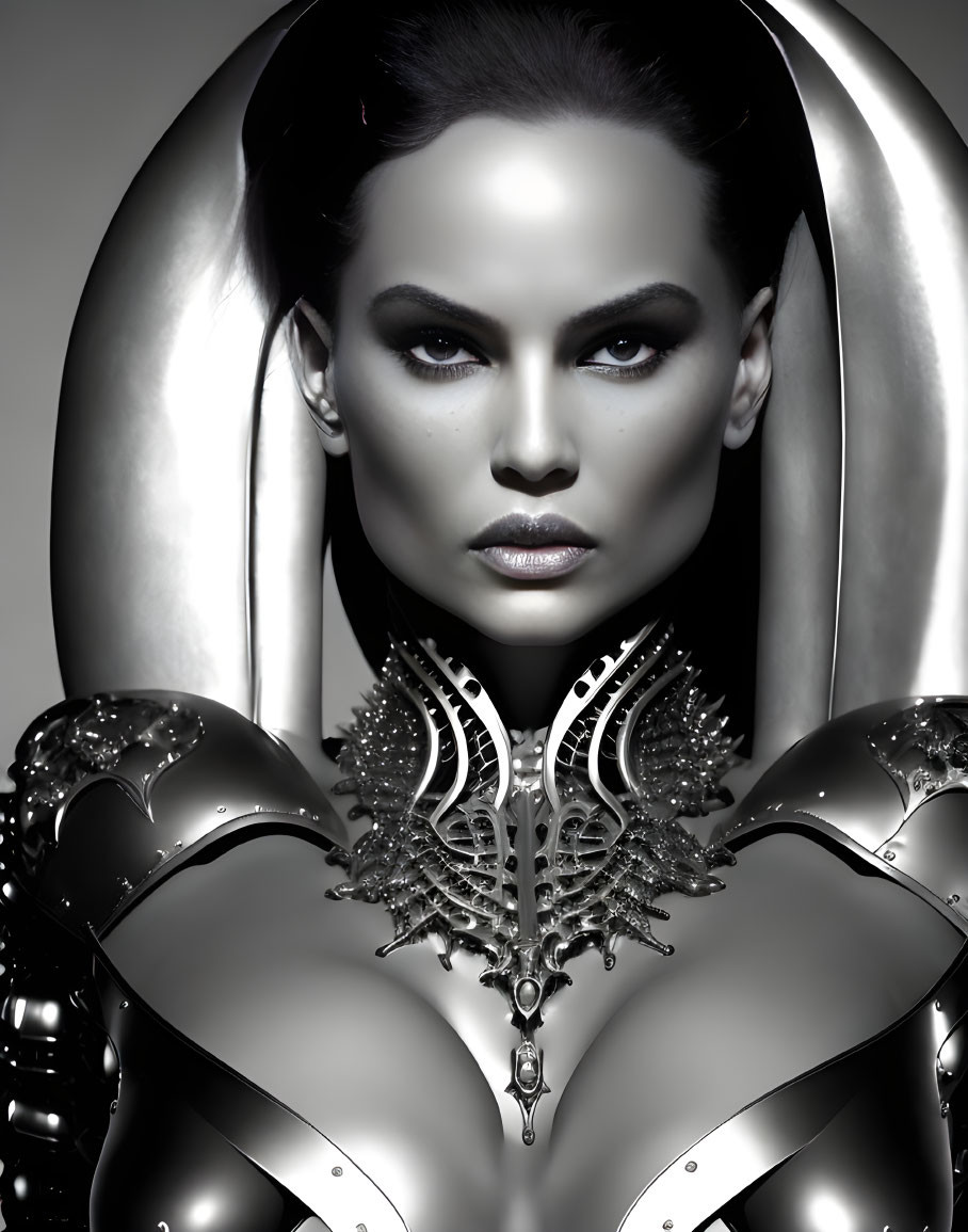 Monochrome image: Person with dramatic makeup and metallic futuristic armor