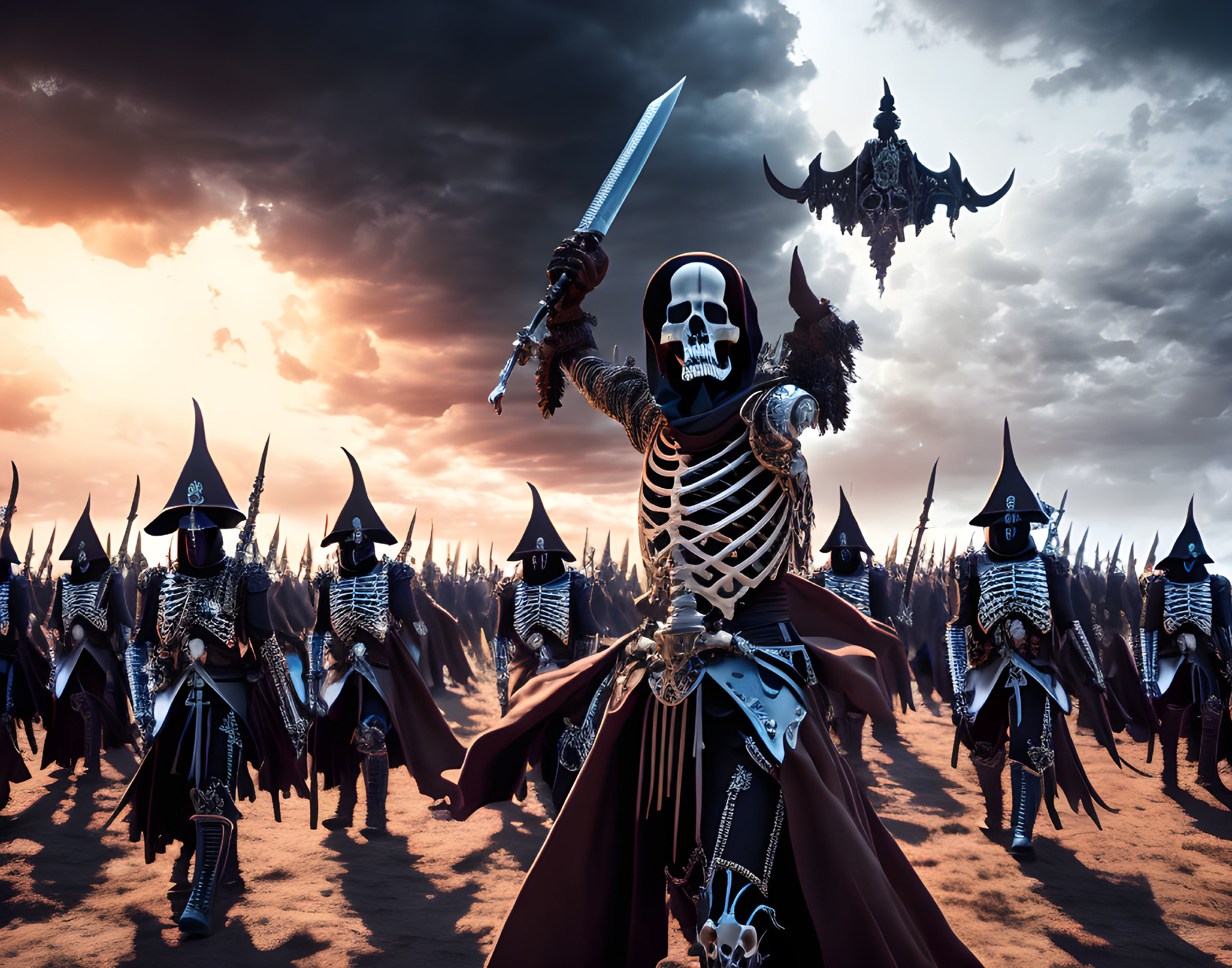 Skeleton Warrior Leading Army Under Dramatic Sky