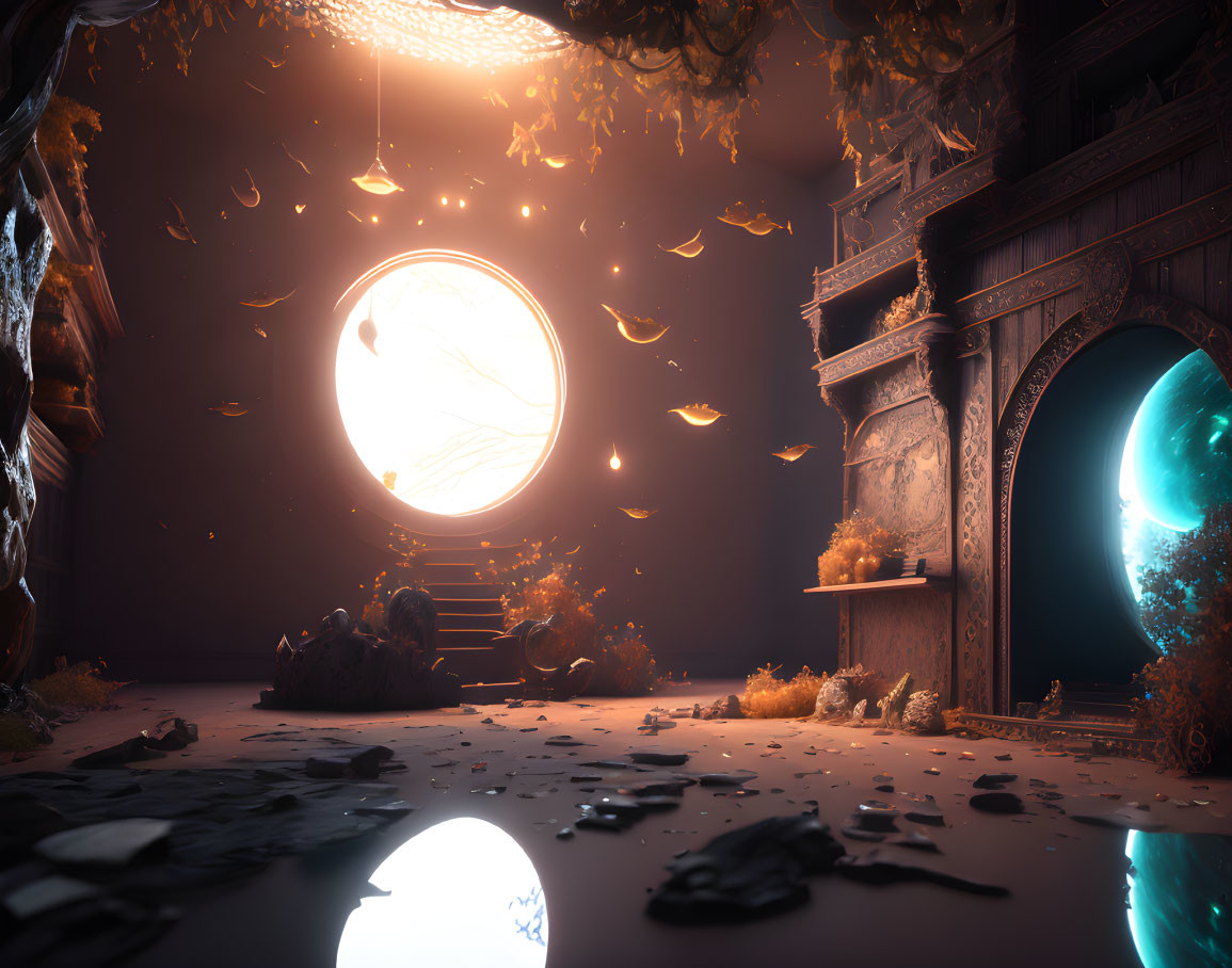 Enchanting room with glowing orb, floating leaves, archways, surreal lighting