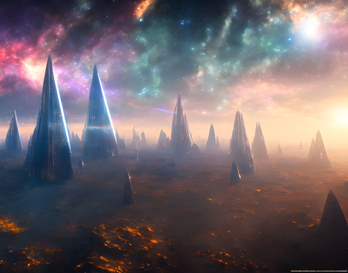 Alien landscape with towering spires under cosmic sky