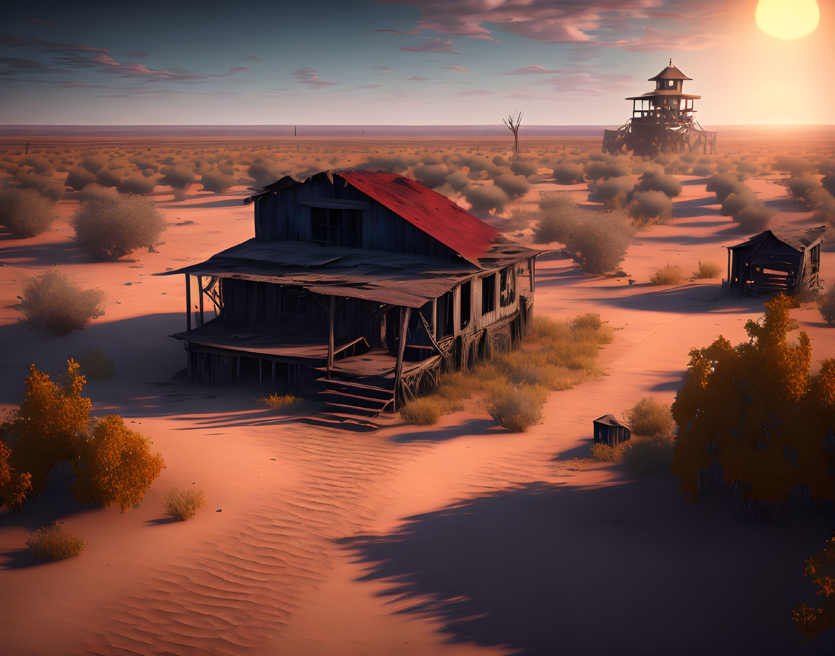 Desert landscape with abandoned wooden house and watchtower