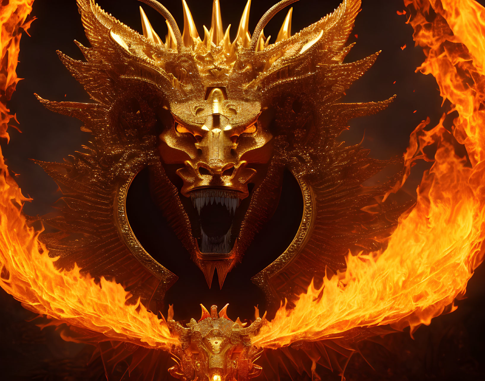 Golden Dragon Mask with Flames on Dark Background