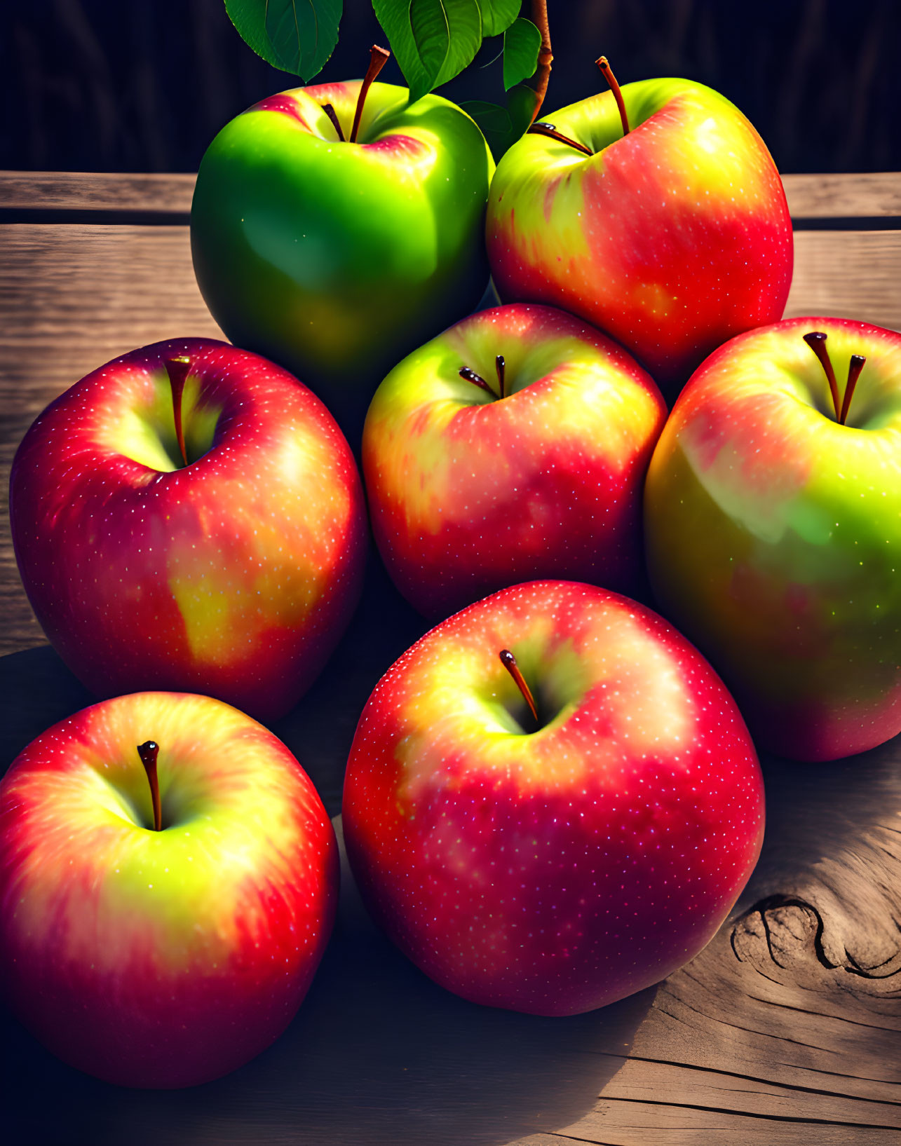 Fresh Red and Green Apples with Water Droplets on Wooden Surface