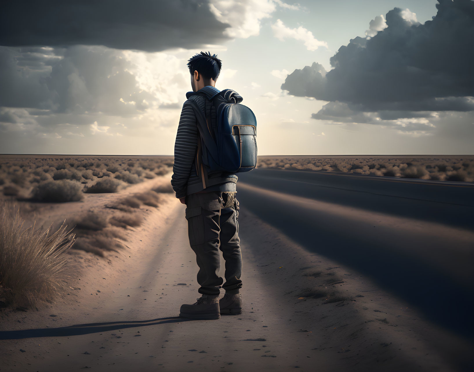 Person with backpack on empty desert road under cloudy sky