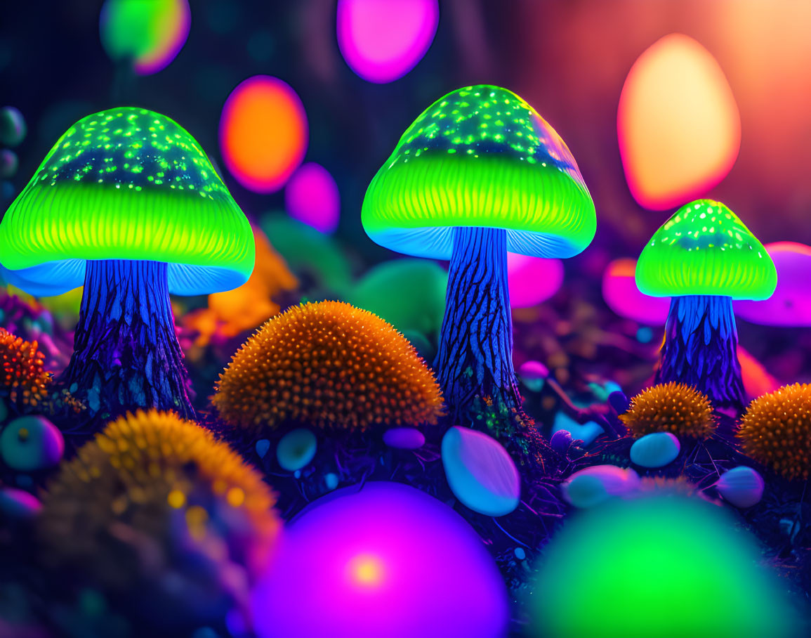 Fantastical neon-lit mushrooms and colorful flora in a vibrant setting