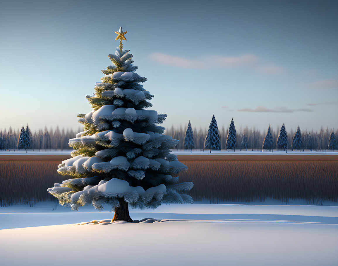 Snow-covered Christmas tree with golden star in tranquil winter landscape