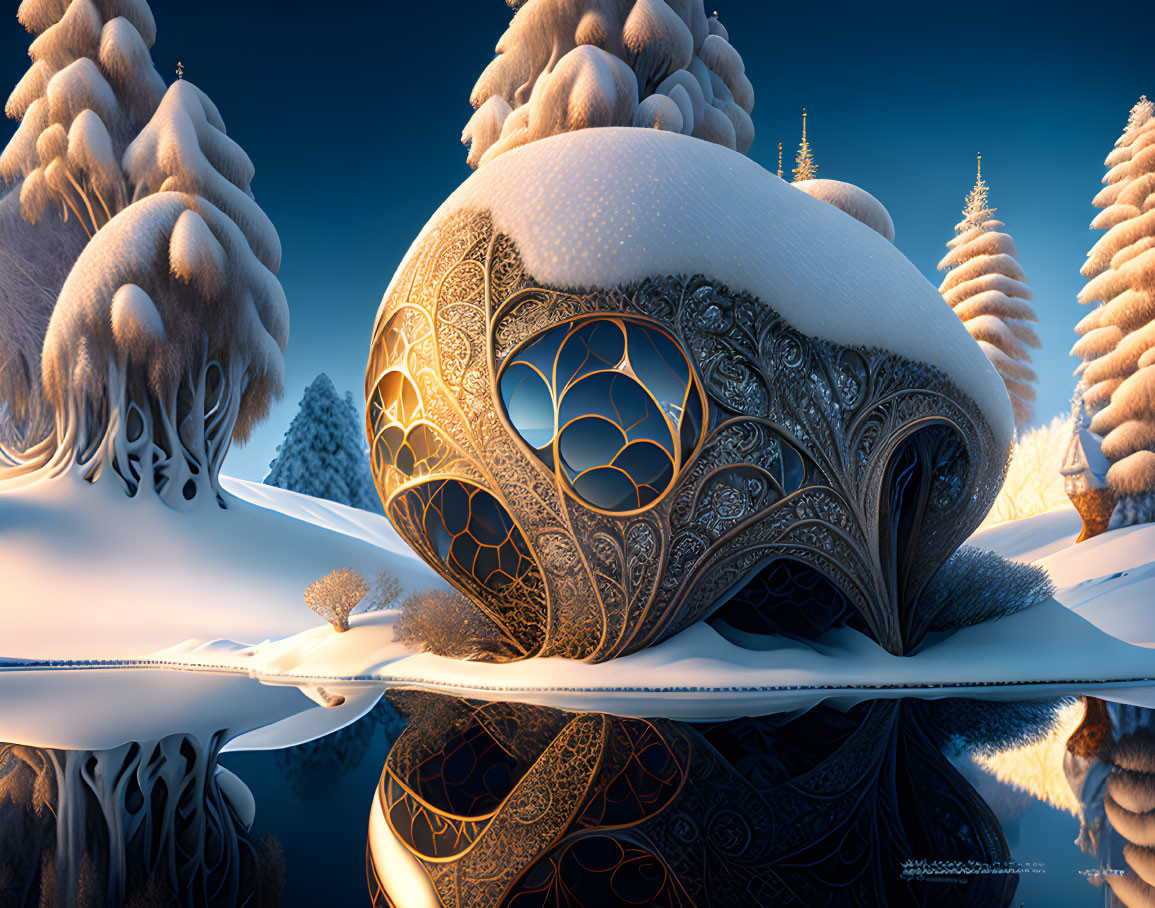 Fantastical winter landscape with golden leaf-like structure in snowy forest.