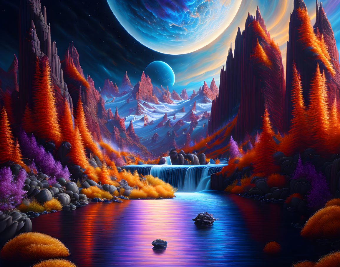 Colorful alien landscape: orange foliage, purple grass, waterfalls, reflective river, moons in star