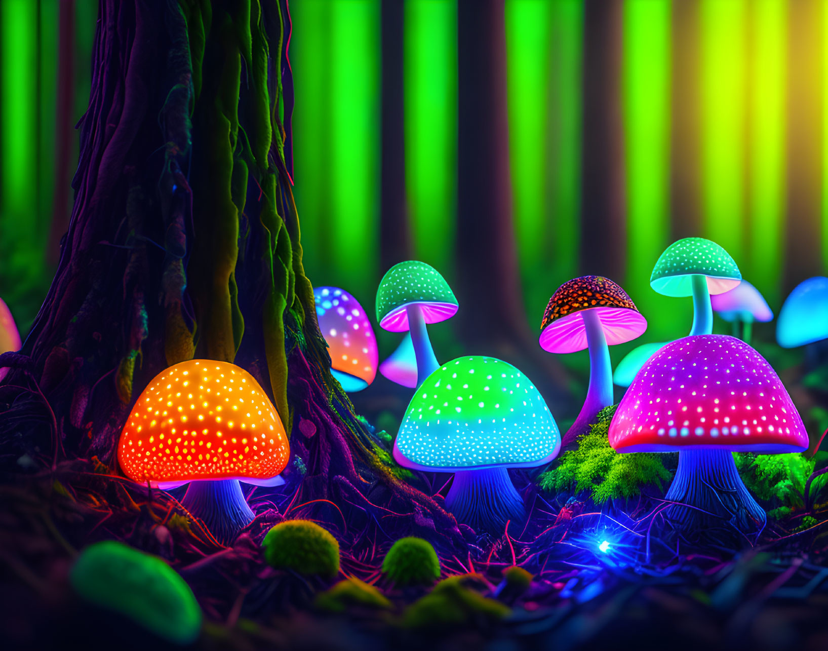 Fantasy forest scene with glowing mushrooms and neon green light streaks