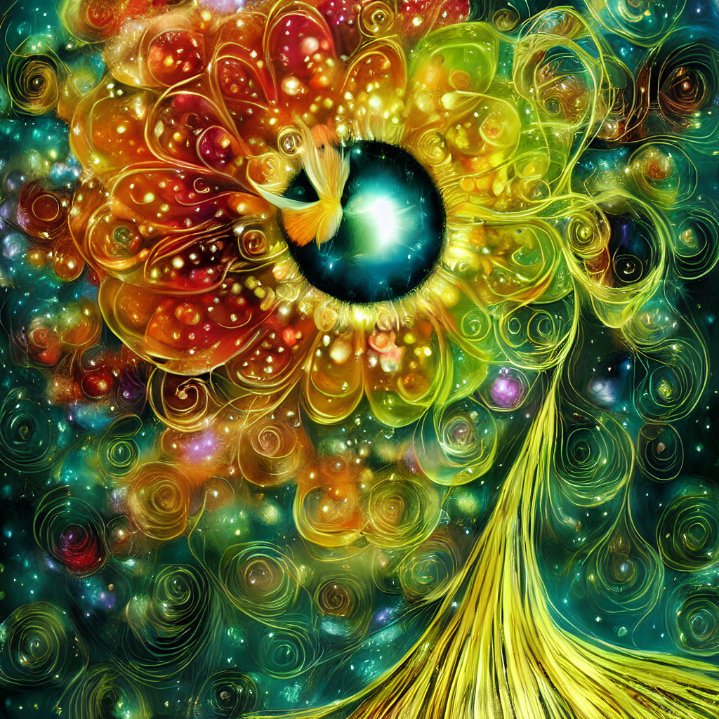 Detailed surreal artwork: Large eye amidst colorful swirls, cosmic motifs, floral & peacock feather fusion