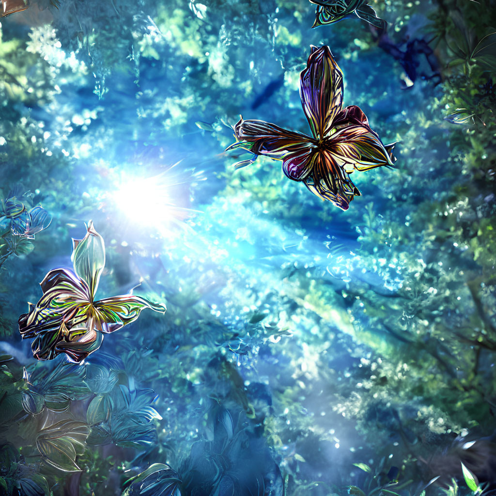 Digital Art: Luminescent Butterflies in Sunlit Forest