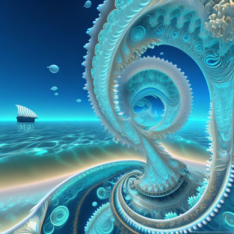 Surreal Ocean Scene with Wave Patterns and Sailboat