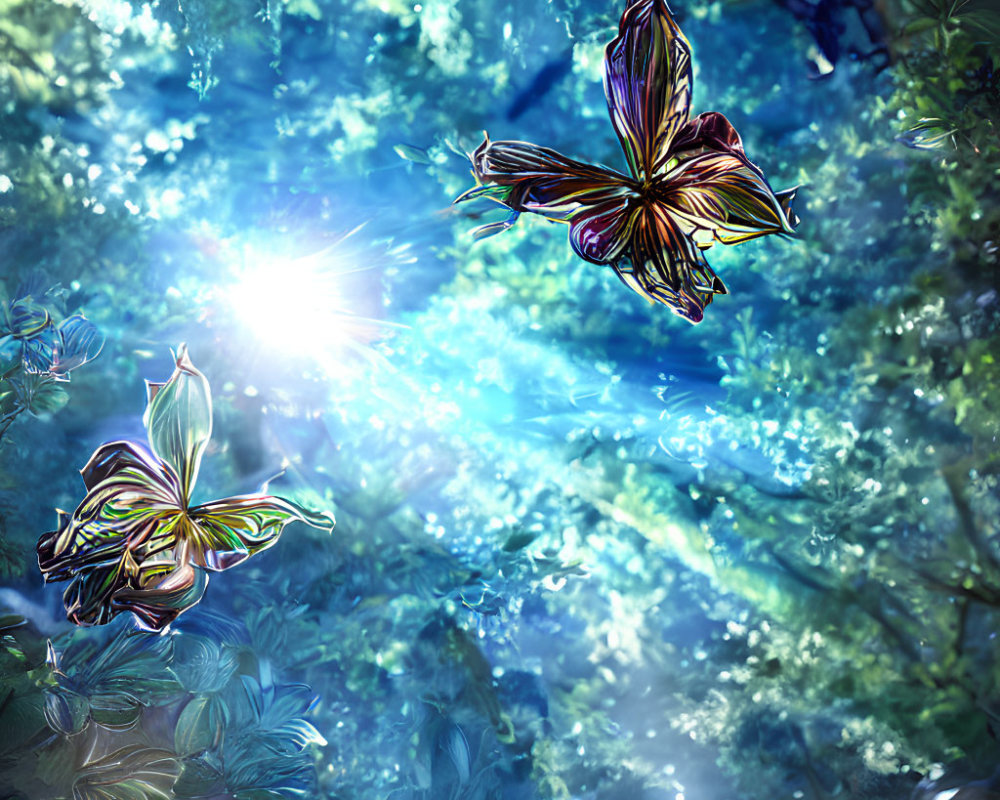 Digital Art: Luminescent Butterflies in Sunlit Forest