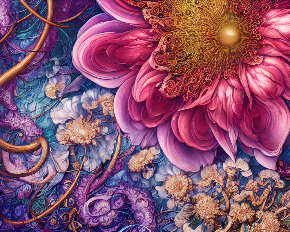 Detailed Floral Digital Artwork Featuring Large Pink Flower surrounded by Swirling Patterns