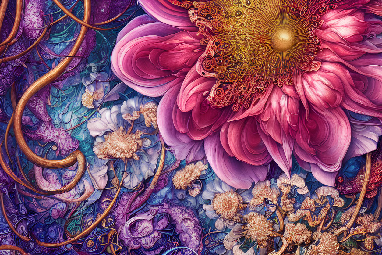 Detailed Floral Digital Artwork Featuring Large Pink Flower surrounded by Swirling Patterns