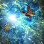 Digital Art: Luminescent Butterflies in Sunlit Forest