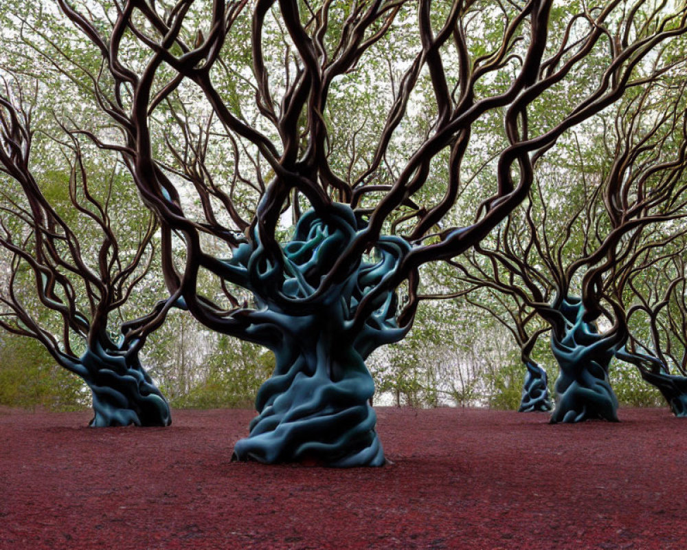 Twisting turquoise and brown tree trunks on reddish ground - surreal forest scene