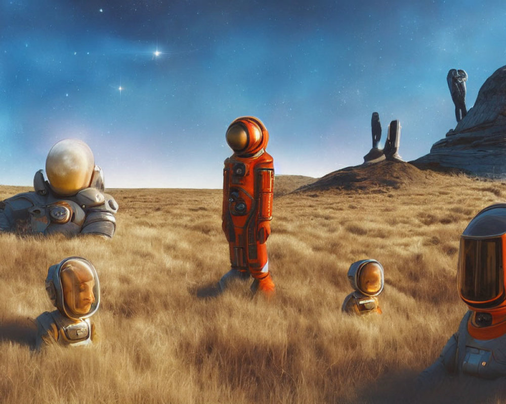 Five Astronaut Helmets on Grassy Alien Landscape with Starry Sky