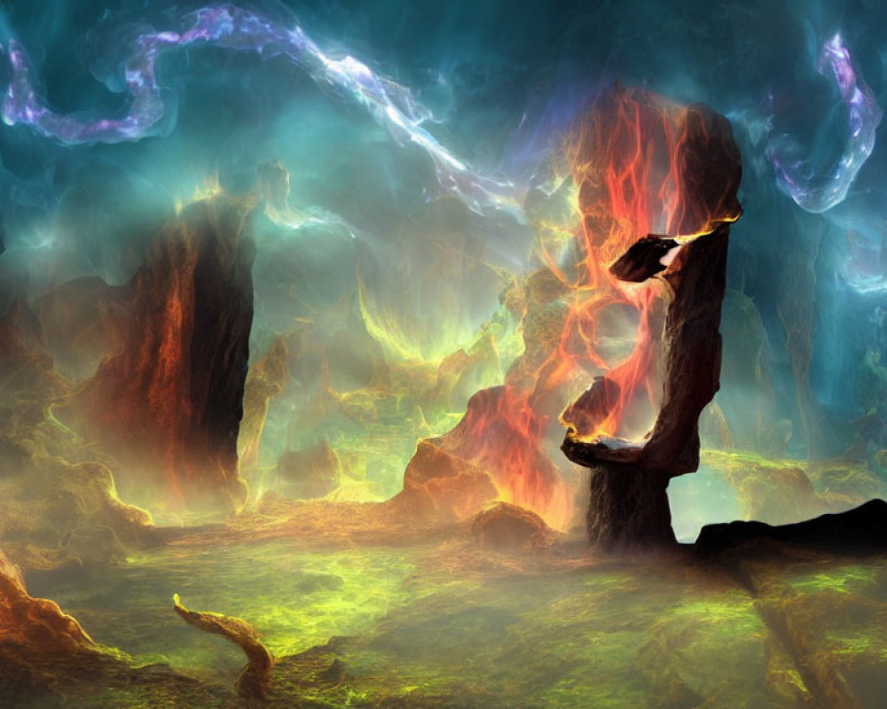 Fantasy landscape with glowing tree and colorful mist