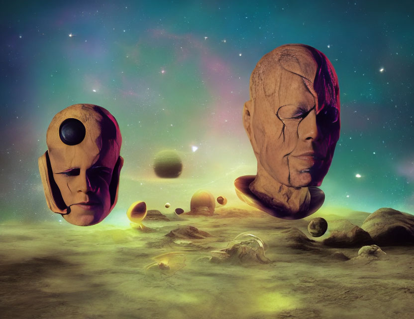 Surreal landscape with oversized floating human heads in cosmic sky