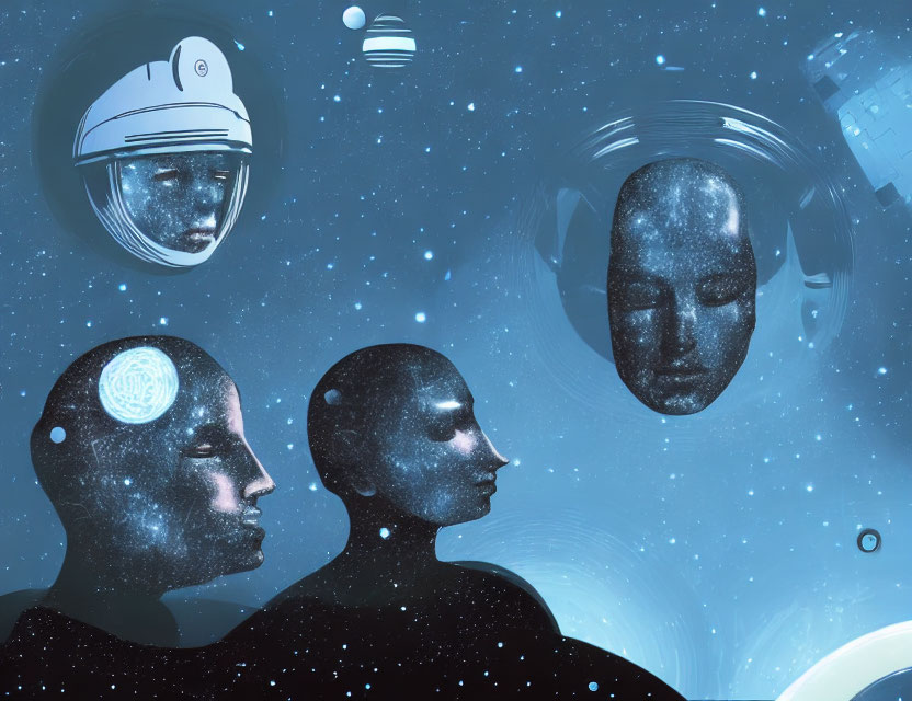 Surreal Artwork: Human-like Faces, Helmet, and Space Scene