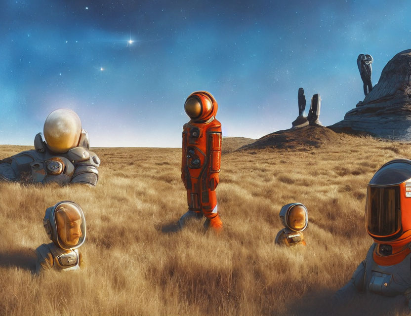 Five Astronaut Helmets on Grassy Alien Landscape with Starry Sky