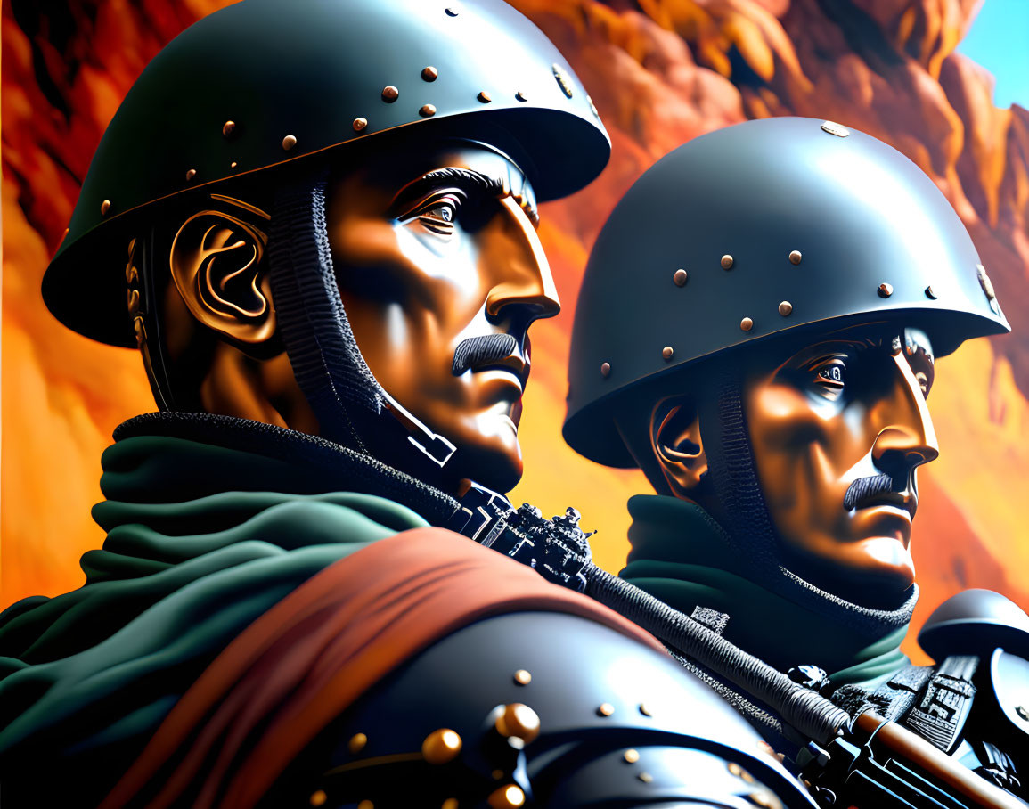 Stylized futuristic soldiers in armor against fiery cliffs