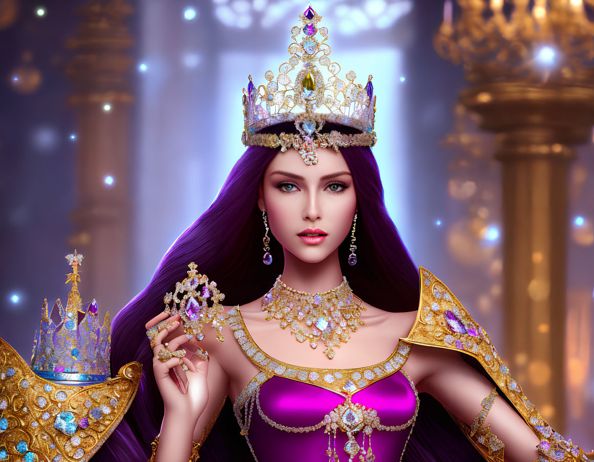 Regal woman with purple hair and crown in luxurious attire