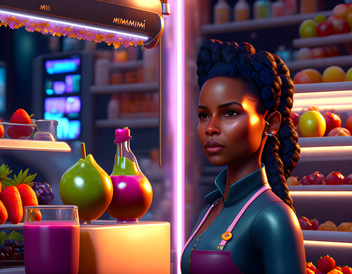 Vibrant digital artwork: Woman with braided hair in neon-lit fruit shop