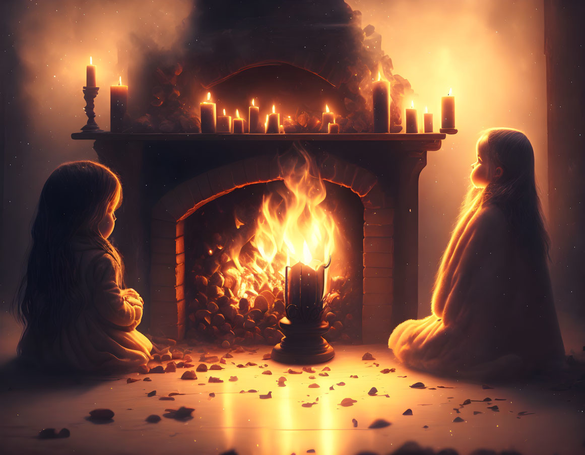 Cozy Fireplace Scene with Two People and Lit Candles