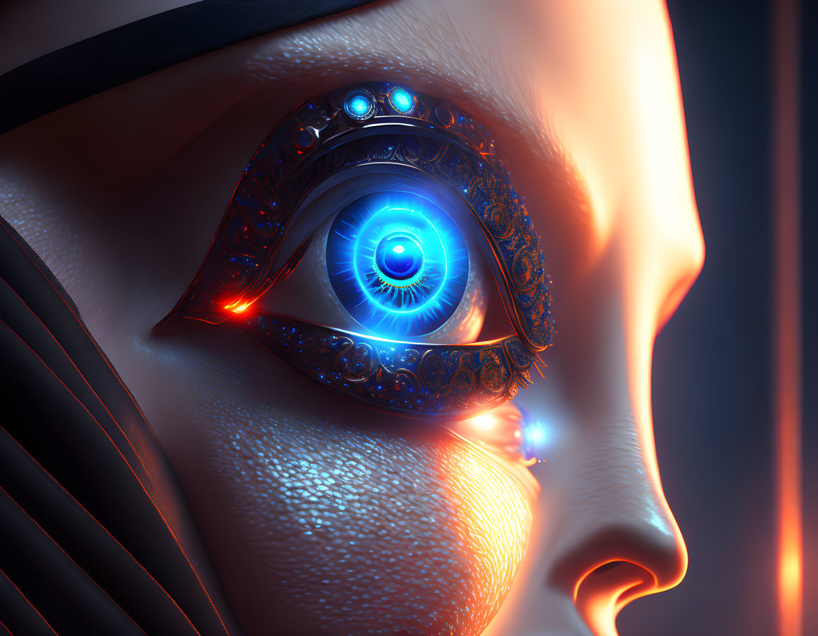 Detailed futuristic robotic eye with glowing blue lights and metallic textures.