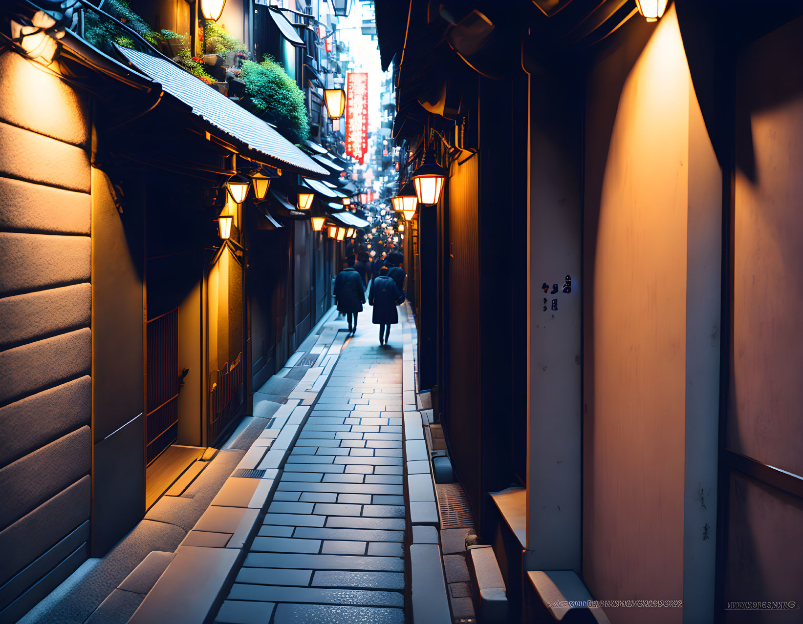 Traditional Japanese alleyway with glowing signage and two figures walking.