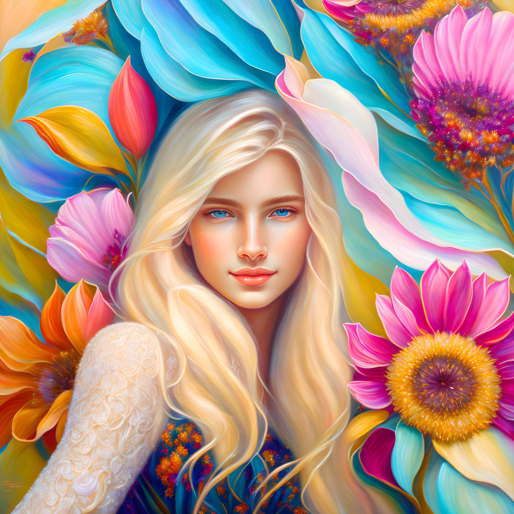 Colorful Illustration of Woman with Blonde Hair and Floral Patterns