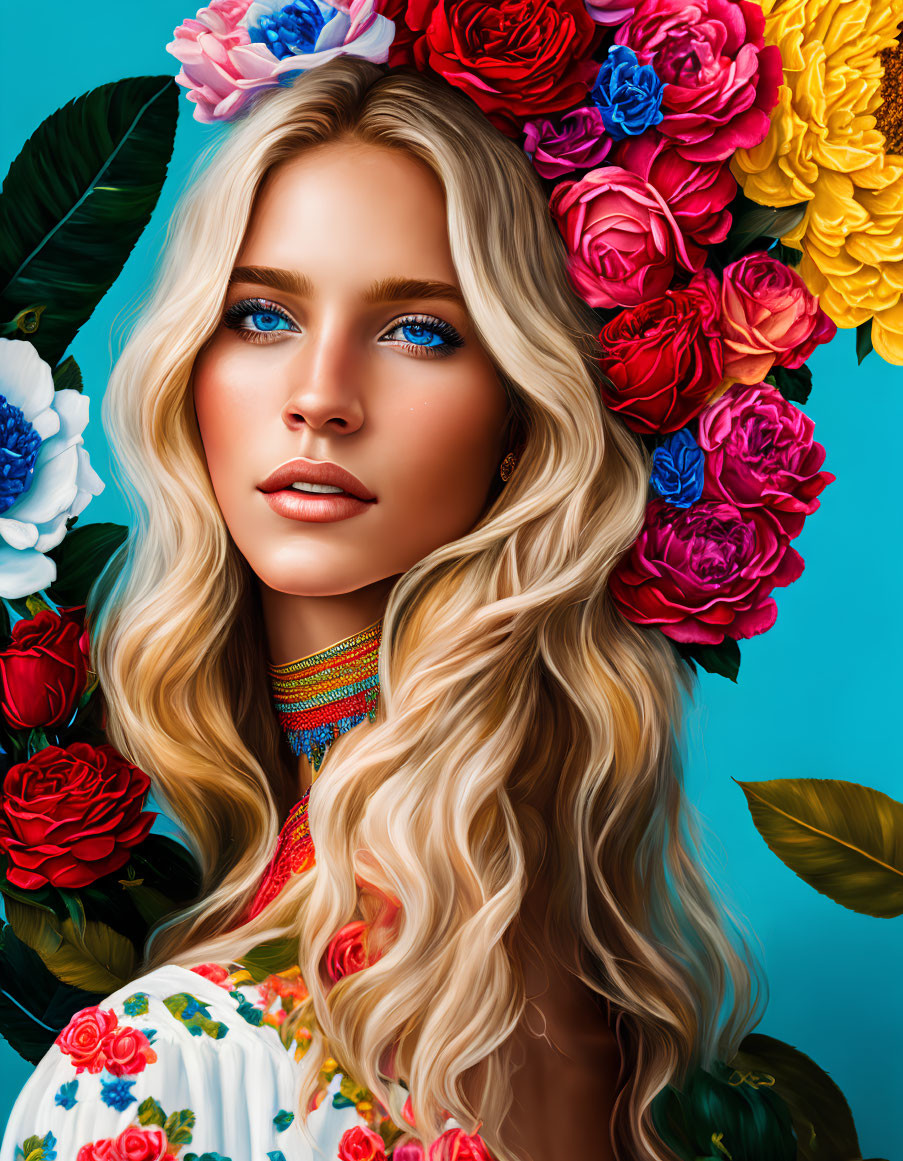 Blonde woman portrait with floral attire and vibrant backdrop