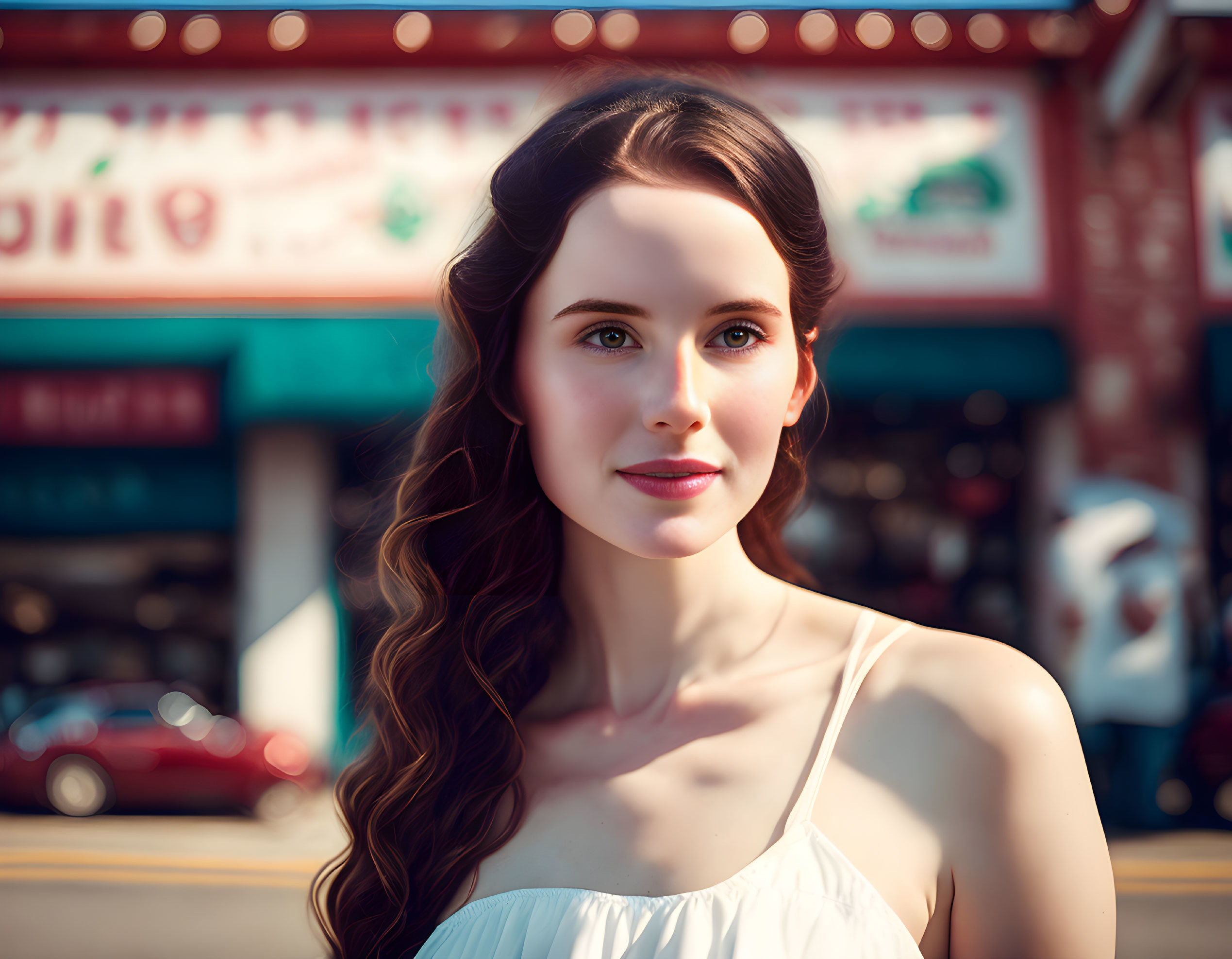 Woman with long curly hair smiling on sunny street with storefronts