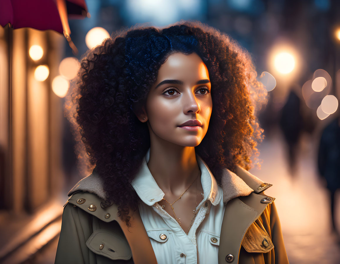 Curly-haired woman in trench coat at dusk street with soft bokeh lights