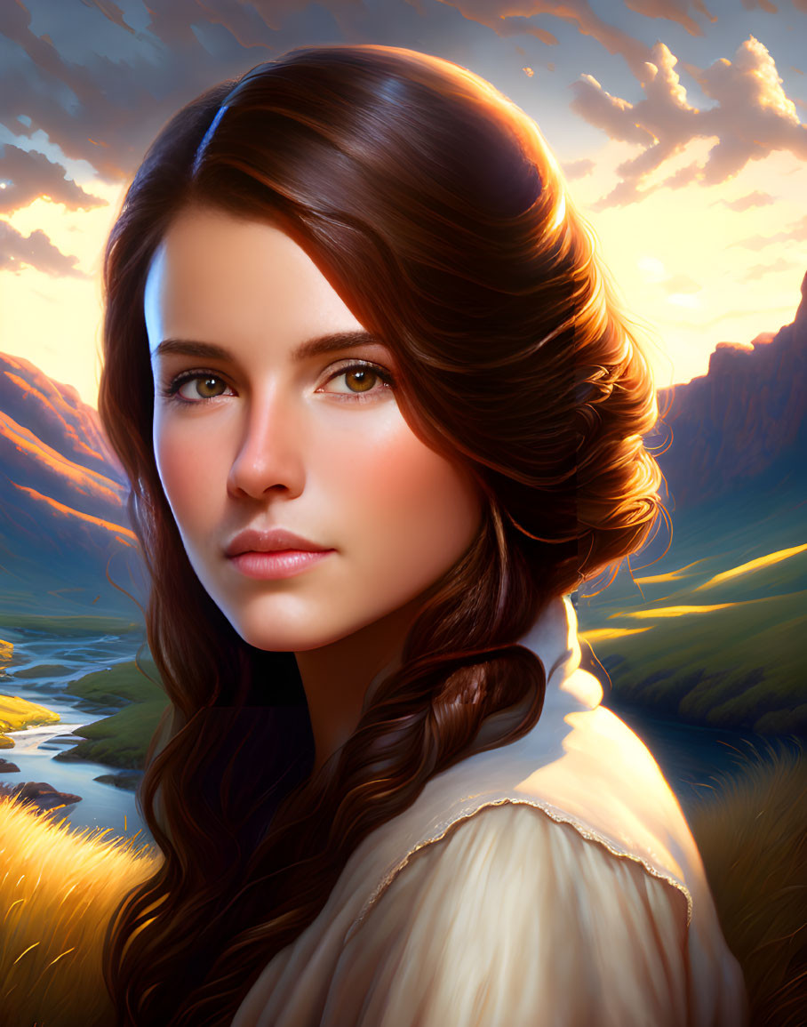 Young woman with wavy brown hair against sunset-lit mountain landscape